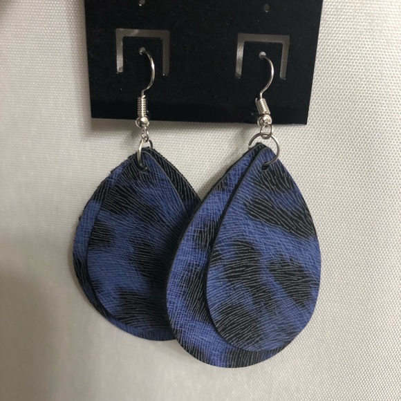 Hand Crafted Jewelry - Blue Animal Print Leather Teardrop Earrings